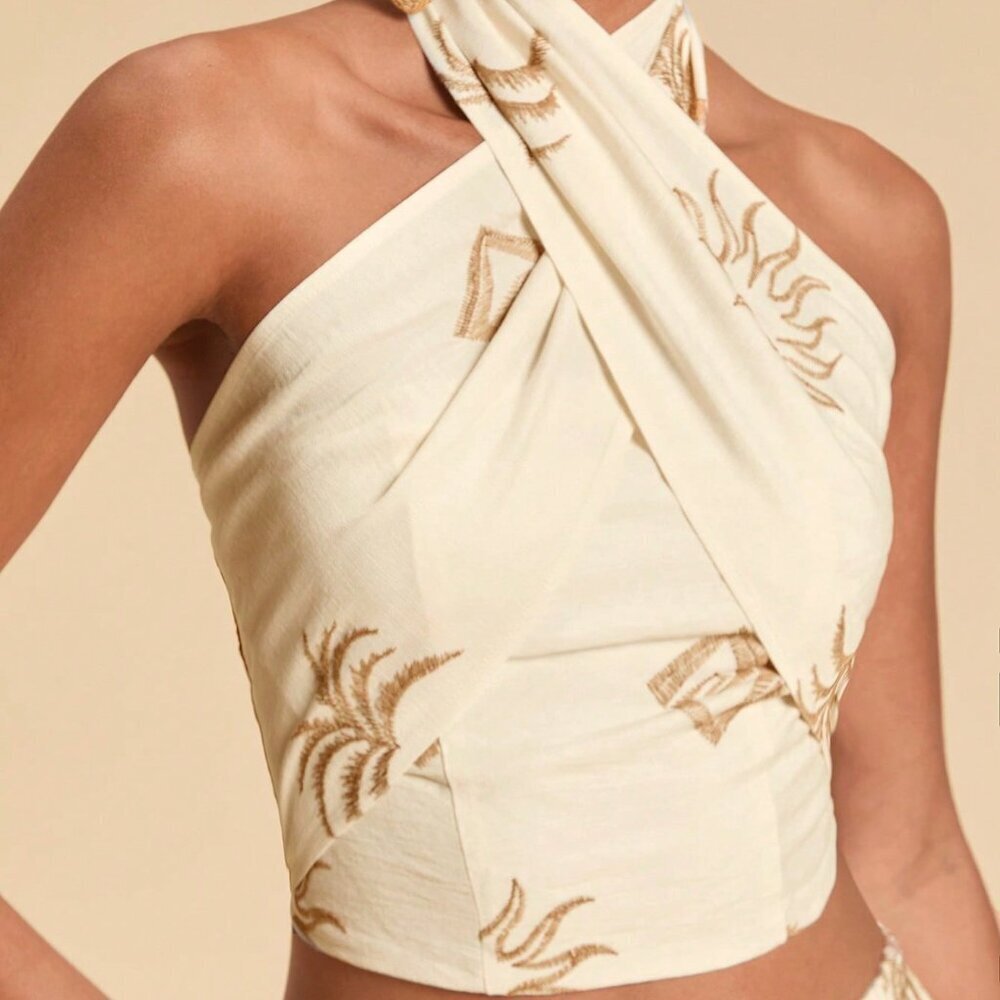 White Elegant Women's Sleeveless Backless Halter Top with Embroidery Party - Picture 7 of 7